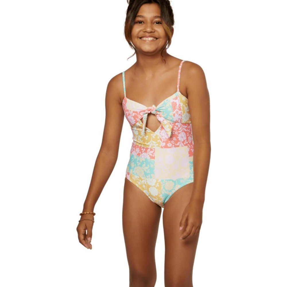 Olivia one piece Kids O'Neill Pink and Yellow floral Swimsuit with bow.